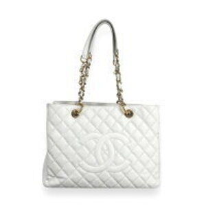 CHANEL GST Caviar Leather Chain Tote Bag White Deca Coco Shoulder